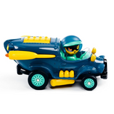 Toy vehicle with a character inside on a white background