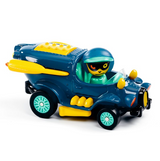 Toy vehicle with a character inside on a white background