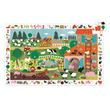 Children's farm-themed puzzle with various animals and structures on a white background