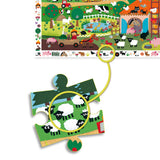 Children's farm-themed puzzle with pieces and a complete scene in the background