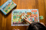Child playing with a colorful puzzle on a wooden floor