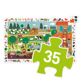 Children's puzzle with a farm theme and a green piece displaying the number 35.