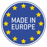 Logo with yellow stars and 'MADE IN EUROPE' text on a blue background