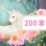 Unicorn in a fantasy landscape with flowers and a '200' piece puzzle label.