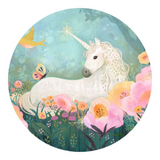 Detail view of a unicorn in a fantasy landscape with flowers and butterflies
