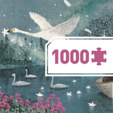 Jigsaw puzzle packaging with swans and a boat on a lake depicting 1000 pieces