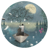 Detail view of man in a boat under a tree with hanging stars, moonlit sky