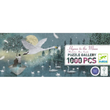 Jigsaw puzzle packaging with swans and a moonlit scene, featuring the brand 'Djeco'.