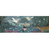 Puzzle artwork of a man in a boat surrounded by swans, deer, and flowers with a moonlit sky.