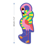 Colorful flamingo-shaped puzzle with dimensions on a white background