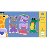 Box of Djeco Puzzle Trio Savana with colourful animal illustrations on a blue background