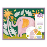 Children's art set with a pink elephant and colour wheel on a green background
