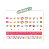 Sheet of colourful stickers with various designs on a white background
