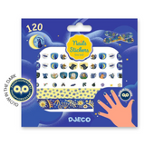 Packaging of DJECO nail stickers with glow-in-the-dark feature on a blue background