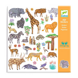 Packaging of Djeco animal stickers with various animals and plants on a white background.