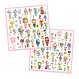 Two sheets of colorful character stickers with a pink border on a white background.