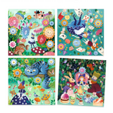 Four colorful illustrations of characters from a fantasy storybook, featuring flowers, animals, and whimsical elements.