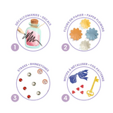 Set of decorative items including a bottle, flowers, rhinestones, and foil patterns on a white background.