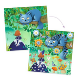 Two illustrations of a blue cat and a girl in a forest setting with flowers and trees.