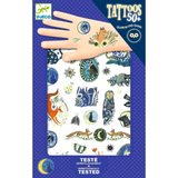 Packaging of Djeco tattoos with a hand model showing sample designs on a blue background