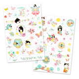 Two sheets of colorful stickers featuring various designs on a white background.