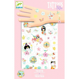 Sheet of temporary tattoos with cartoon characters on a pink border, featuring the Djeco brand.