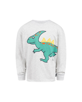 Grey marle long sleeve tee with green dino print on front centre