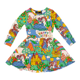 Multi-coloured waisted dress with all-over print of unicorns, princesses, castles, mountains and flowers