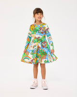 Studio shot of girl wearing ROCK YOUR BABY HAPPY LAND LONG SLEEVE WAISTED DRESS