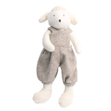 Stuffed toy sheep wearing a grey outfit on a white background