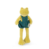 Plush toy frog wearing a green outfit with a white background