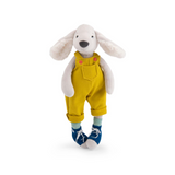 White soft toy dog with long ears. Wearing yellow overalls with orange buttons on the shoulder straps, light blue spotty socks and dark blue lace up boots