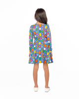 Back view of girl wearing ROCK YOUR BABY NORDIC FLORAL LONG SLEEVE WAISTED DRESS