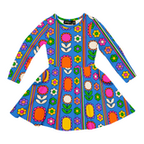 Blue base colour waisted dress with an all-over multi-coloured Nordic flower print