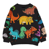 Black sweater with an all-over multi-coloured dinosaur print