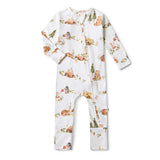 Baby onesie with forest bear pattern on a white background