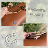 Collage of a leather product with a magnetic clasp, close-up of the clasp, and a diagram of a magnetic field.