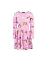 Pink dress with all-over print of rainbows & clouds