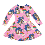 Pink dress with all-over print of rainbows, flowers, clouds & white unicorns with blue hair