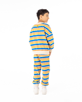 Back view of boy wearing the ROCK YOUR BABY VINTAGE STRIPE SWEATSHIRT and matching trackpants