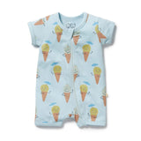 Baby romper with ice cream cone pattern on a light blue background