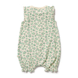 Back of Baby romper with green floral pattern on a white background