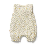 Back of Baby romper with lemon leaf pattern on a white background