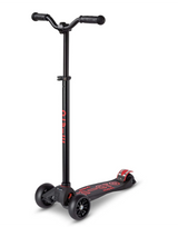 Black scooter with red text on a white background