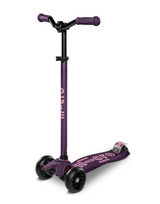 Purple scooter with contrast pink branding and black accents on a white background