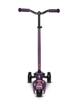 Purple scooter with purple handlebars and black wheels on a white background