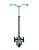 Children's scooter with green handlebars and black wheels on a white background