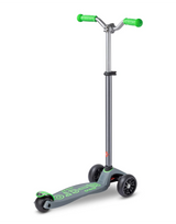 Children's scooter with green handlebars and deck on a white background