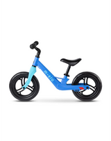 Blue balance bike with black wheels on a white background