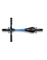 Top view of blue balance bike with blue accents on a white background